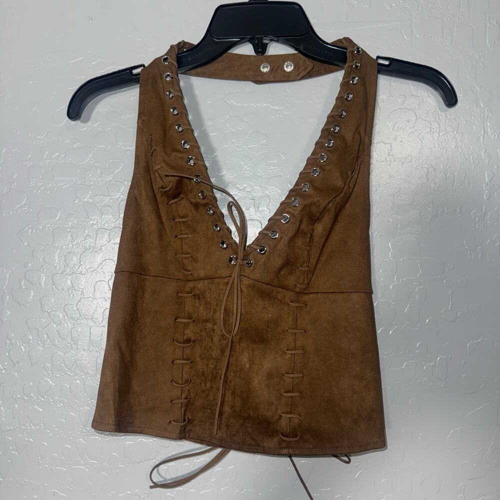 Edikted Sloane Faux Suede Halter Top, Brown, S S18512